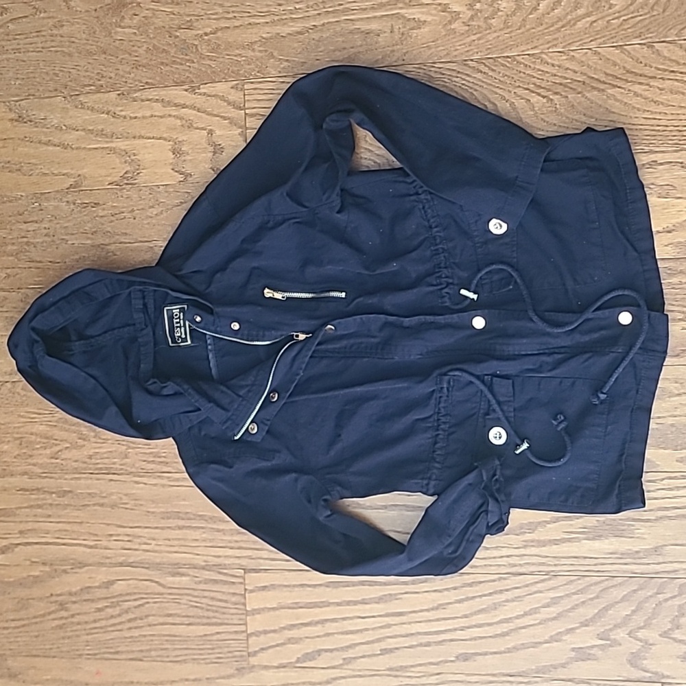 C’esttoi Hooded Fitted Jacket, Navy, Small